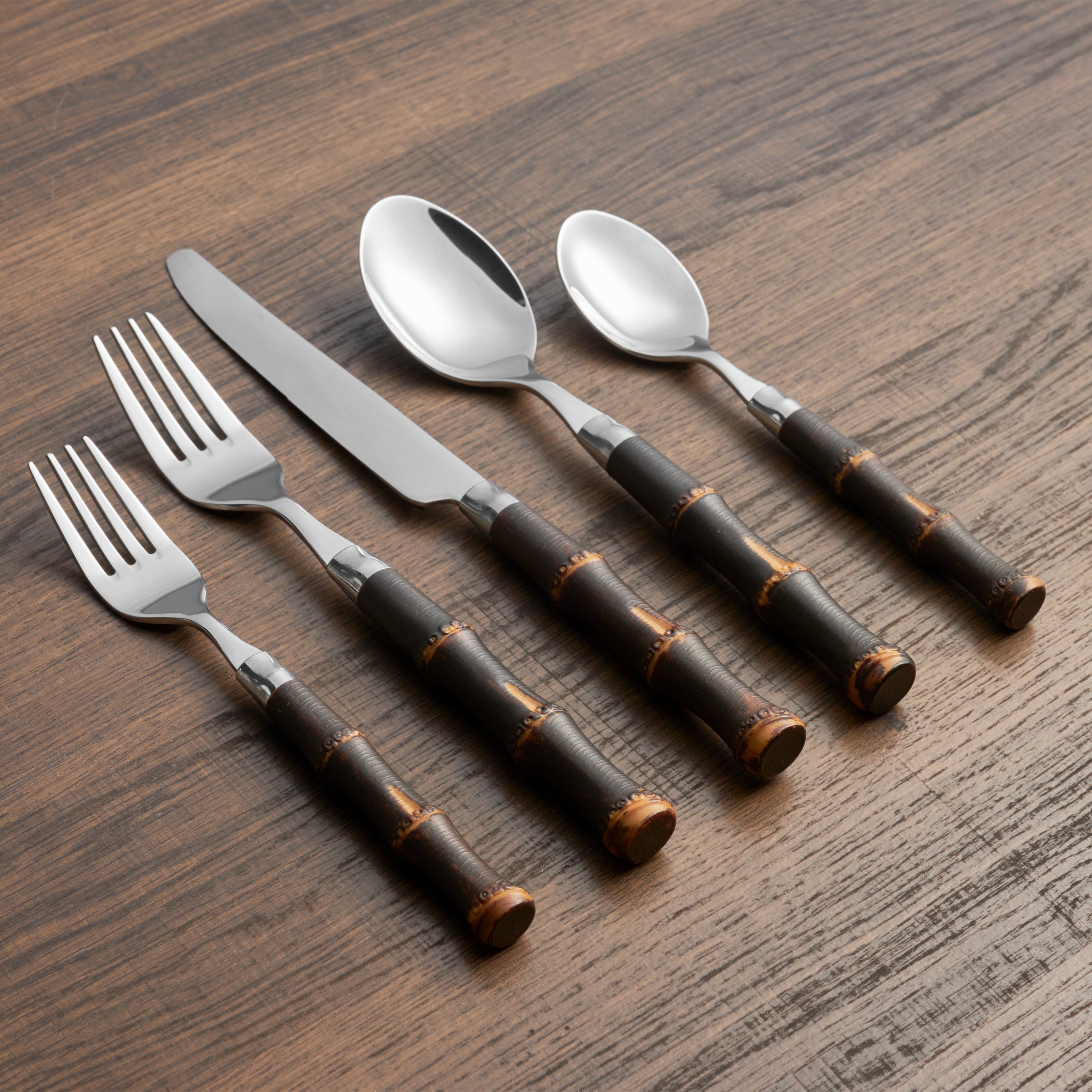 Bamboo Dark Plastic Handle 20 Piece Flatware Set