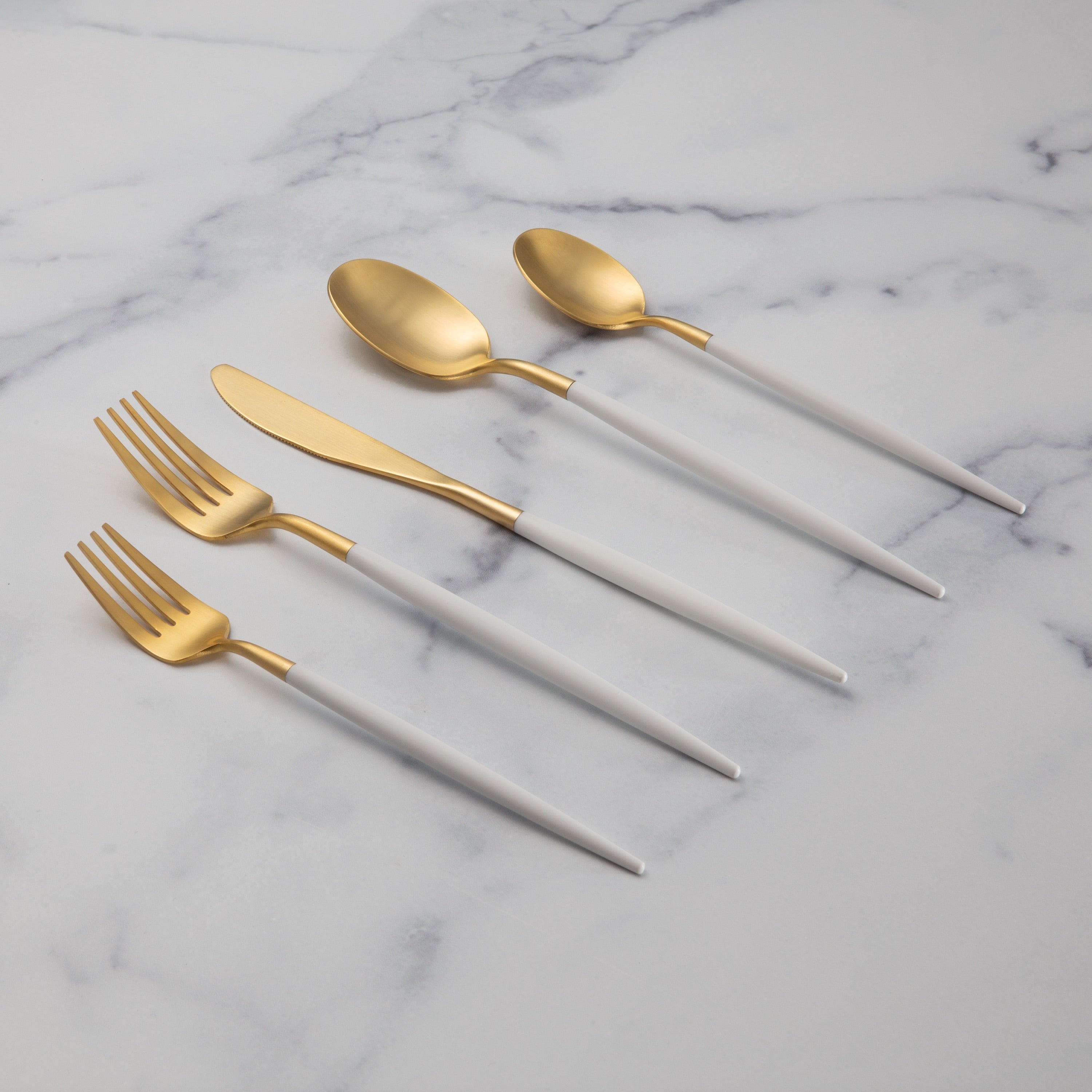 Mazzy Gold Satin White Pom Handle 20 Piece Flatware Set
