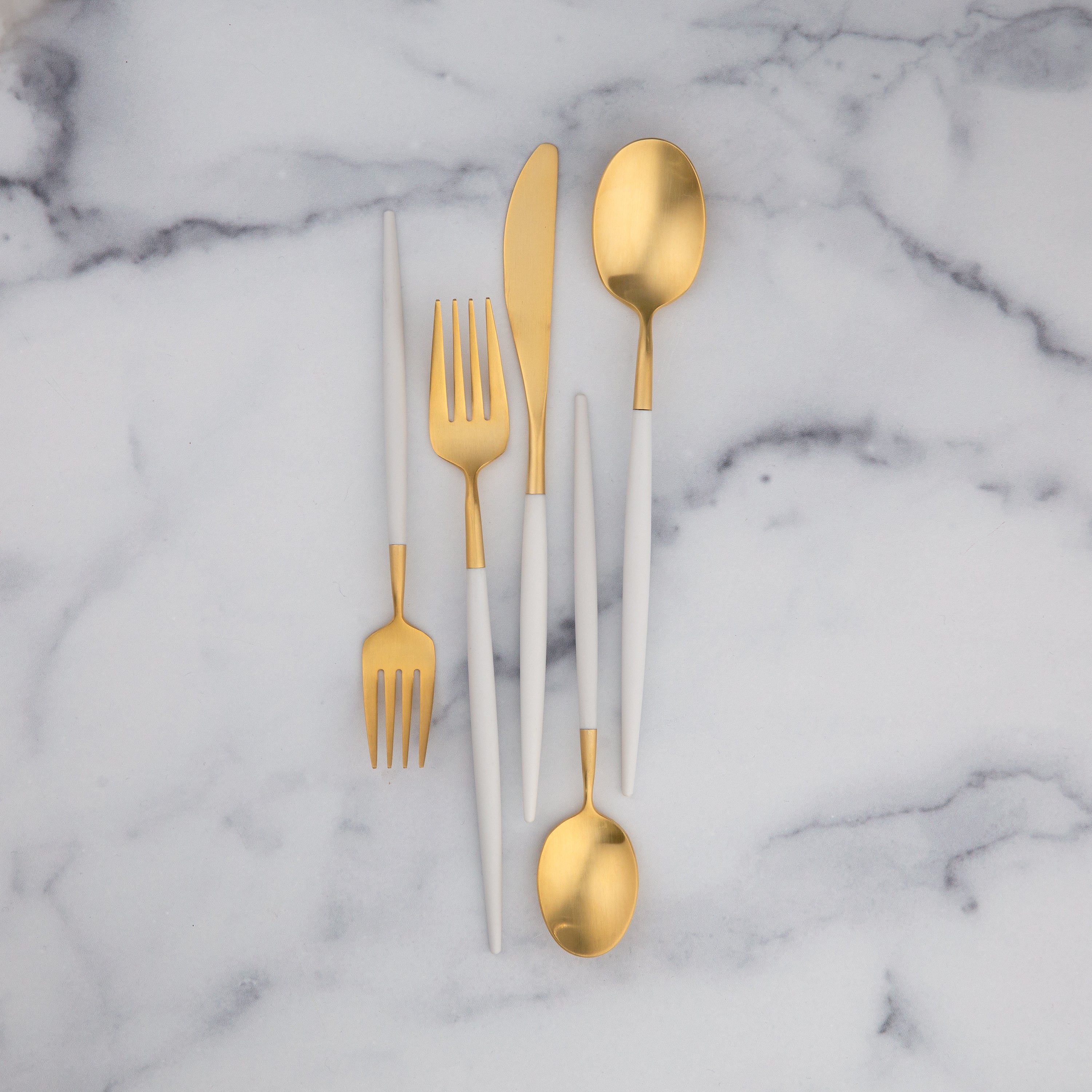 Mazzy Gold Satin White Pom Handle 20 Piece Flatware Set